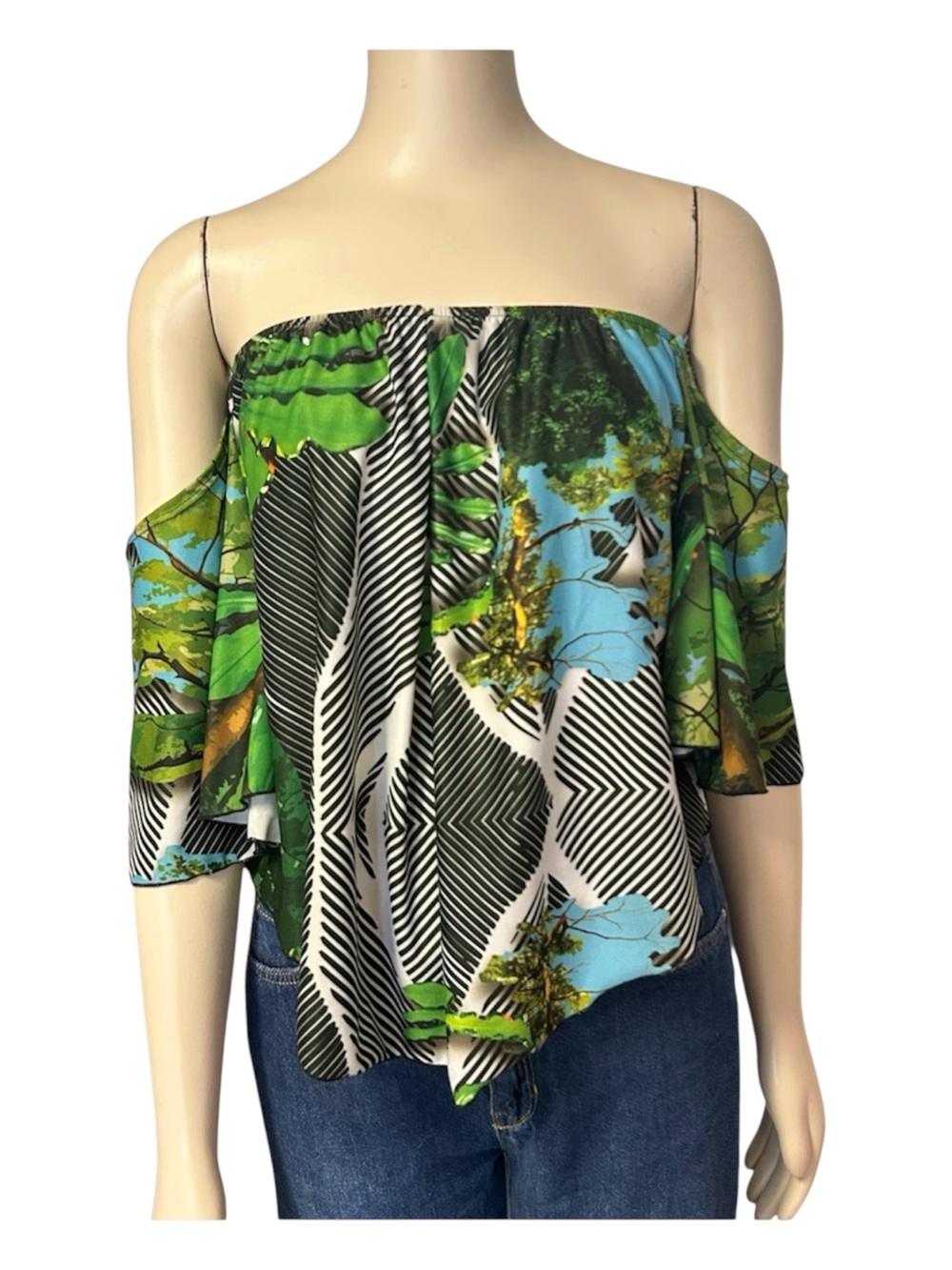 Kini Zamora Hawaii Off Shoulder Top Womens Small  Green Leaves